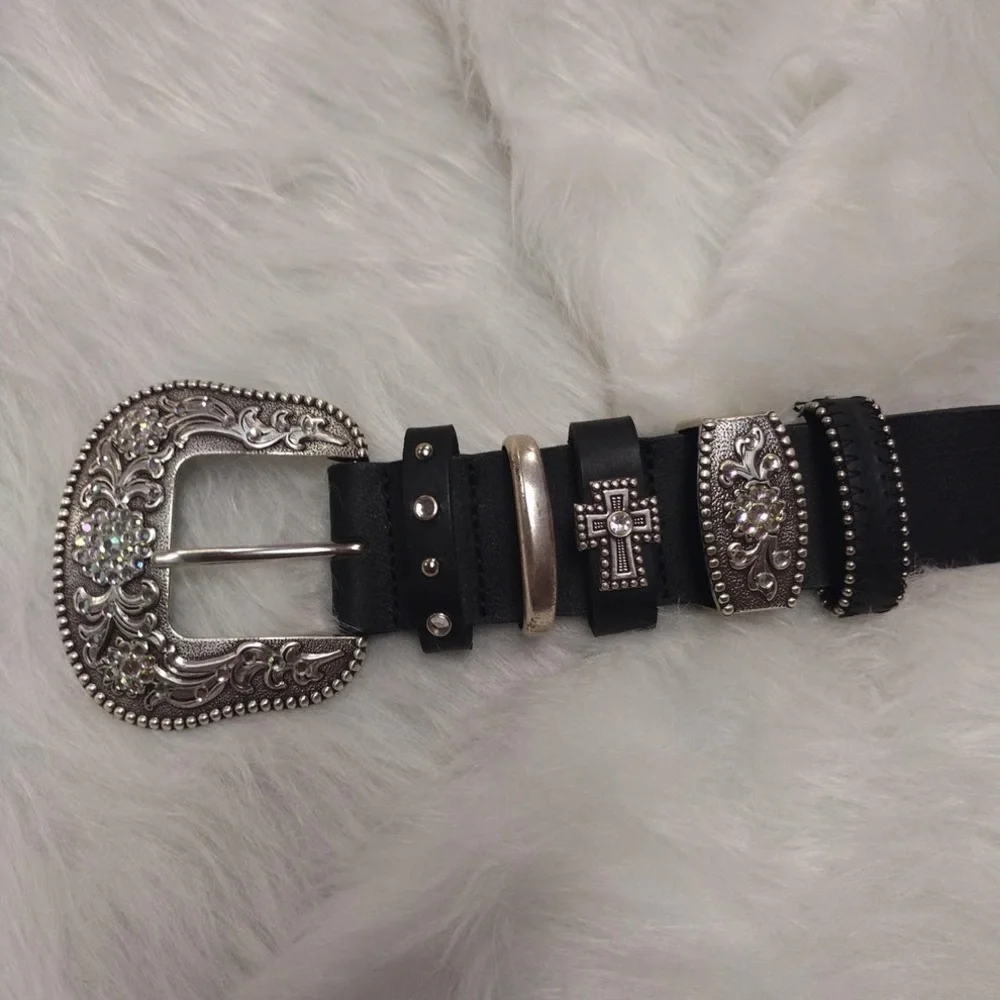 Rhinestone Black Leather Belt - Picture 2 of 6